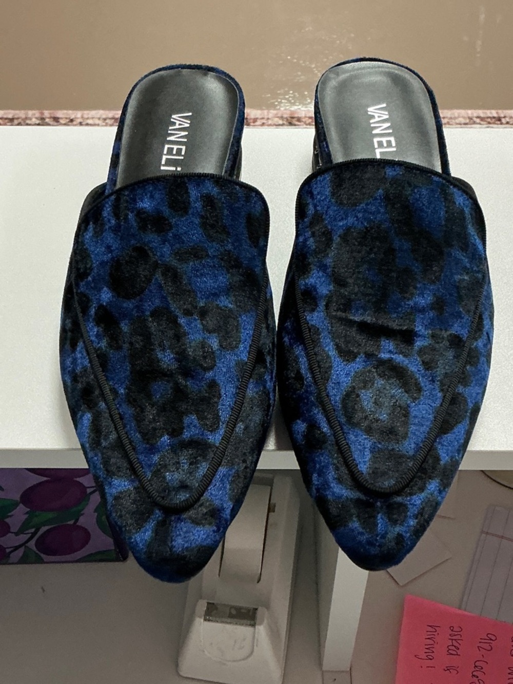 Vaneli Blue & Black Leopard Velvet Slip-On Mules